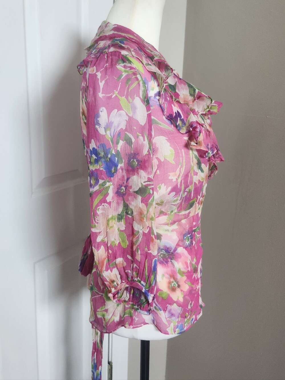 Lauren Ralph Lauren Sheer Pink Floral Wrap Blouse, Silk, 3/4 Puff Sleeves, L - Picture 5 of 9